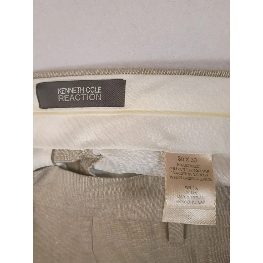 Coastal Old Money Kenneth Cole Reaction Mens 30x30 Beige Linen Blend Trousers